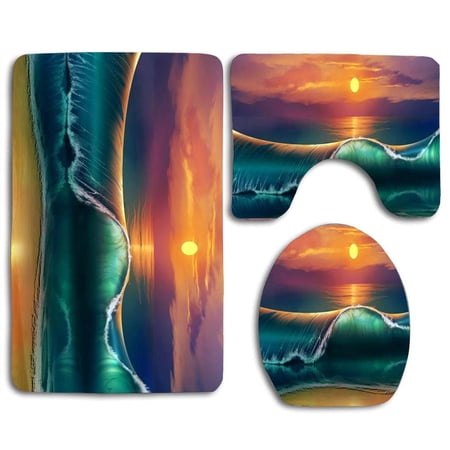 CHAPLLE Sea Waves Turbulent 3 Piece Bathroom Rugs Set Bath Rug Contour Mat and Toilet Lid Cover