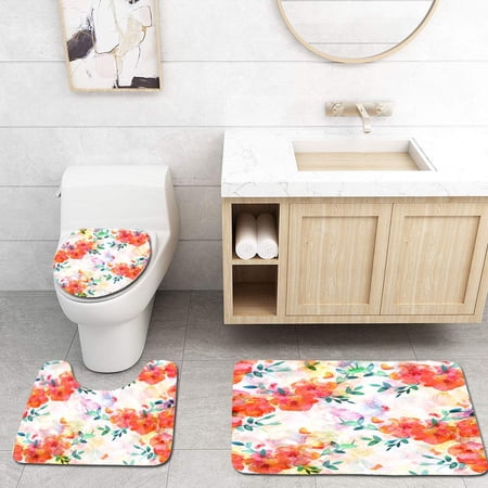 CHAPLLE Seamless Abstract Watercolor Butterflies and Flowers 3 Piece Bathroom Rugs Set Bath Rug Contour Mat and Toilet Lid Cover