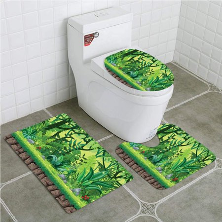 CHAPLLE Seamless Cartoon Nature Separate Layers 3 Piece Bathroom Rugs Set Bath Rug Contour Mat and Toilet Lid Cover