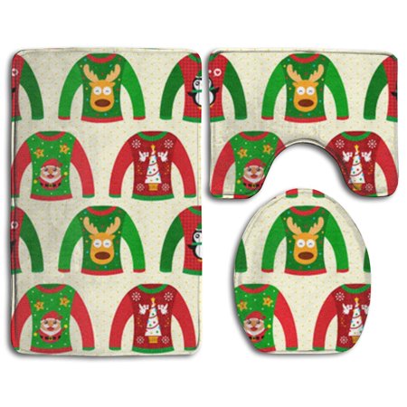 CHAPLLE Seamless Christmas Sweater 3 Piece Bathroom Rugs Set Bath Rug Contour Mat and Toilet Lid Cover