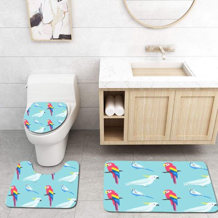 CHAPLLE Seamless Colorful Parrots Macaw Cockatoo and Budgerigar 3 Piece Bathroom Rugs Set Bath Rug Contour Mat and Toilet Lid Cover