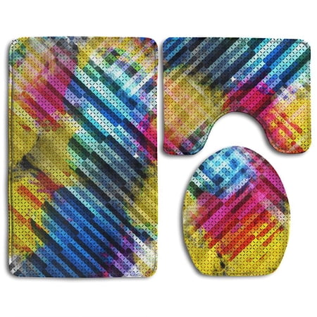 CHAPLLE Seamless Cross Stitches Stylized Watercolor Effect Textile 3 Piece Bathroom Rugs Set Bath Rug Contour Mat and Toilet Lid Cover