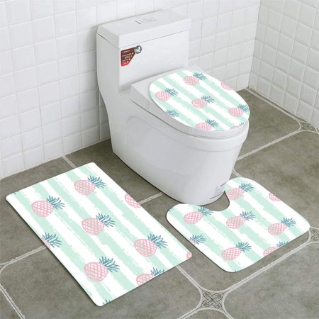 CHAPLLE Seamless Pineapple 3 Piece Bathroom Rugs Set Bath Rug Contour Mat and Toilet Lid Cover