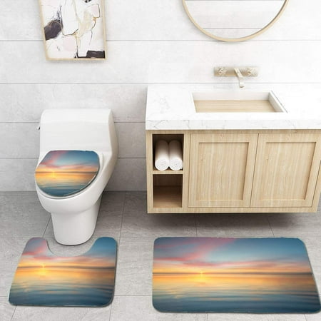 CHAPLLE Seascape 3 Piece Bathroom Rugs Set Bath Rug Contour Mat and Toilet Lid Cover