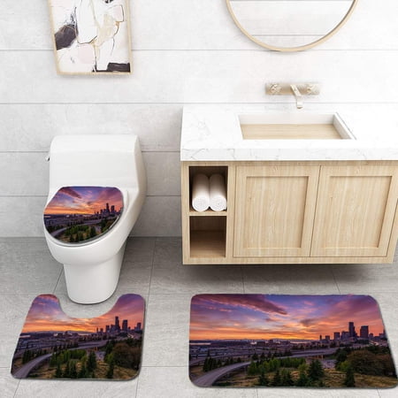 CHAPLLE Seattle Sunset 3 Piece Bathroom Rugs Set Bath Rug Contour Mat and Toilet Lid Cover
