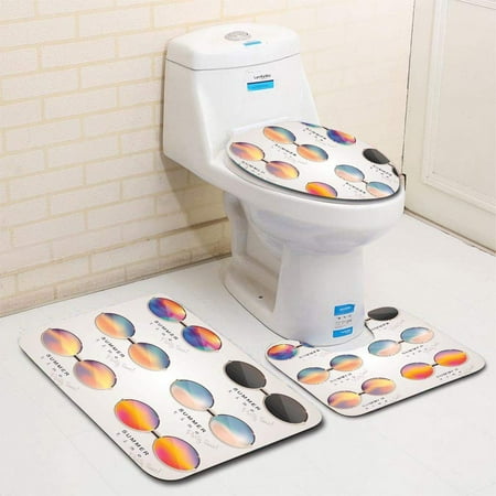 CHAPLLE Set Colorful Sunglasses Abstract Gradient mesh Glass Mirrors 3 Piece Bathroom Rugs Set Bath Rug Contour Mat and Toilet Lid Cover