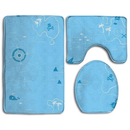 CHAPLLE Shark Whale Ocean Pirates Map 3 Piece Bathroom Rugs Set Bath Rug Contour Mat and Toilet Lid Cover
