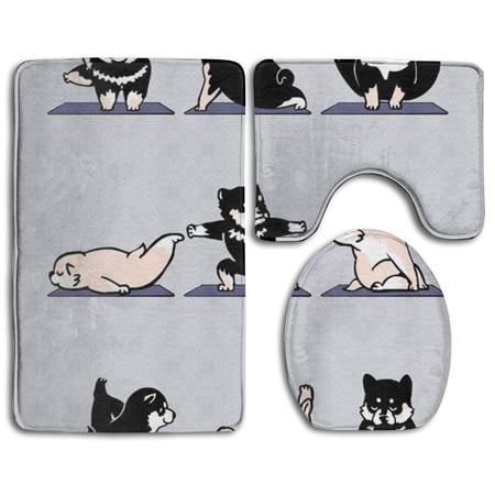 CHAPLLE Shiba Yoga 3 Piece Bathroom Rugs Set Bath Rug Contour Mat and Toilet Lid Cover