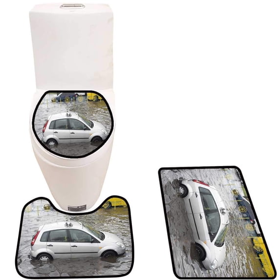 CHAPLLE Shoes on a car roof on a floode City Street dur Heavy Storm in 3 Piece Bathroom Rugs Set Bath Rug Contour Mat and Toilet Lid Cover