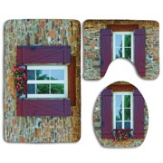 CHAPLLE Shutters Modern Brick House Window Shutters and Flowers Mediterranean Style 3 Piece Bathroom Rugs Set Bath Rug Contour Mat and Toilet Lid Cover