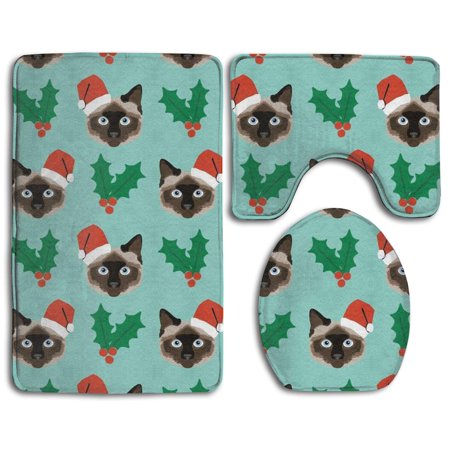 CHAPLLE Siamese Christmas Cat 3 Piece Bathroom Rugs Set Bath Rug Contour Mat and Toilet Lid Cover