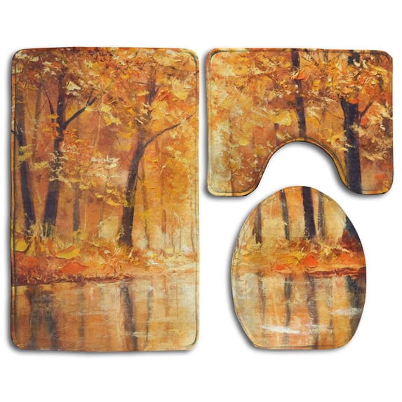 CHAPLLE Small Lake in Autumn Pale Fall Trees 3 Piece Bathroom Rugs Set Bath Rug Contour Mat and Toilet Lid Cover