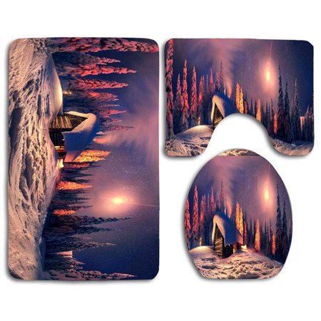 CHAPLLE Snow Woods Cabin Trees 3 Piece Bathroom Rugs Set Bath Rug Contour Mat and Toilet Lid Cover