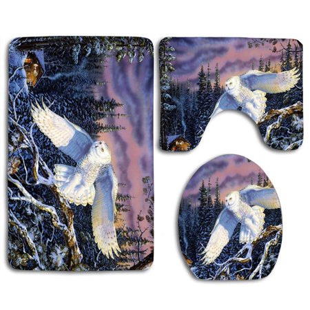 CHAPLLE Snowy Owl Flying Sunset Winter 3 Piece Bathroom Rugs Set Bath Rug Contour Mat and Toilet Lid Cover