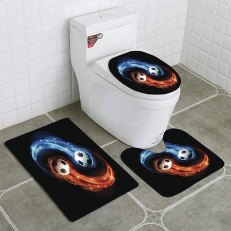 CHAPLLE Soccer Ball 3 Piece Bathroom Rugs Set Bath Rug Contour Mat and Toilet Lid Cover