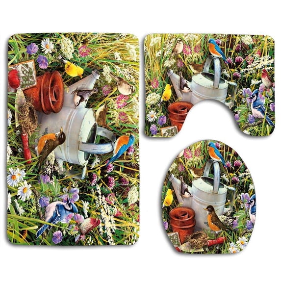 CHAPLLE Songbird Party House Finch Blue Jay 3 Piece Bathroom Rugs Set Bath Rug Contour Mat and Toilet Lid Cover