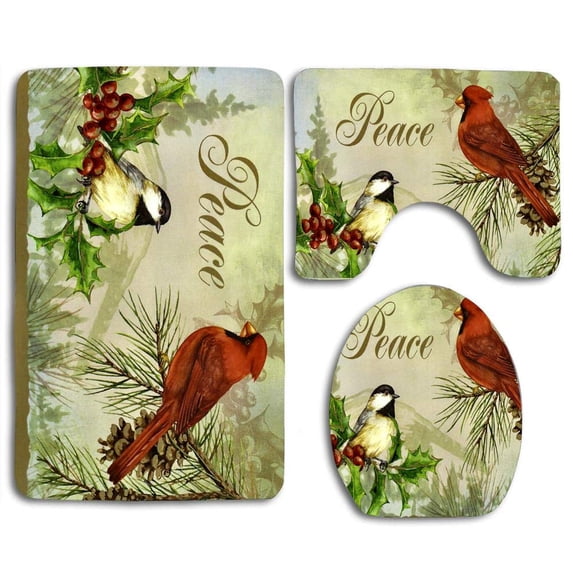 CHAPLLE Songbirds Peace Christmas Birds 3 Piece Bathroom Rugs Set Bath Rug Contour Mat and Toilet Lid Cover