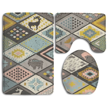 CHAPLLE Southwestern Deers Buffalo 3 Piece Bathroom Rugs Set Bath Rug Contour Mat and Toilet Lid Cover