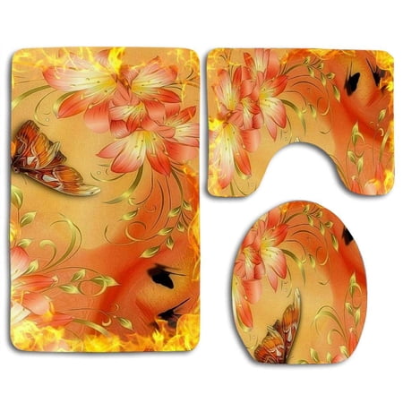 CHAPLLE Spring Beautiful Orange Butterfly 3 Piece Bathroom Rugs Set Bath Rug Contour Mat and Toilet Lid Cover