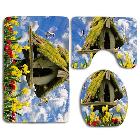 CHAPLLE Spring Birdhouse Garden Flowers 3 Piece Bathroom Rugs Set Bath Rug Contour Mat and Toilet Lid Cover