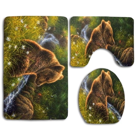CHAPLLE Spring Cute Bear and Daisy 3 Piece Bathroom Rugs Set Bath Rug Contour Mat and Toilet Lid Cover