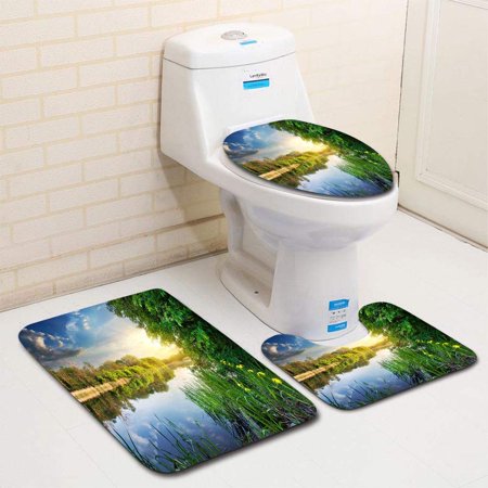 CHAPLLE Spring River at Sunset 3 Piece Bathroom Rugs Set Bath Rug Contour Mat and Toilet Lid Cover