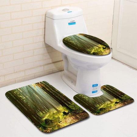 CHAPLLE Spruce Tree Forest in Autumn Illuminated by Sunbeams Through Fog 3 Piece Bathroom Rugs Set Bath Rug Contour Mat and Toilet Lid Cover