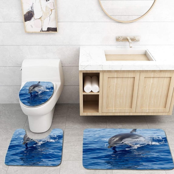 CHAPLLE Striped Dolphin Jumping 3 Piece Bathroom Rugs Set Bath Rug Contour Mat and Toilet Lid Cover
