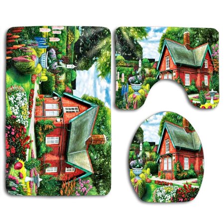 CHAPLLE Summer Cottage Flowers Brick 3 Piece Bathroom Rugs Set Bath Rug Contour Mat and Toilet Lid Cover
