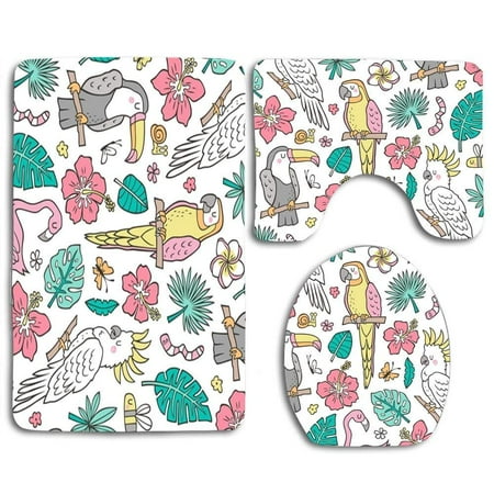 CHAPLLE Summer Tropical Jungle Birds 3 Piece Bathroom Rugs Set Bath Rug Contour Mat and Toilet Lid Cover