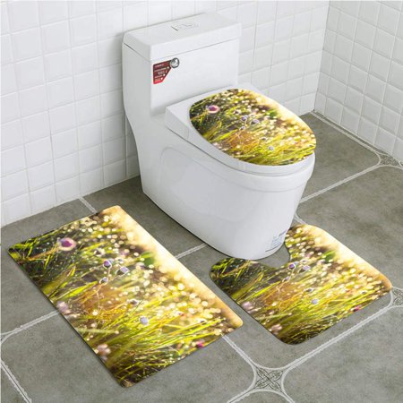 CHAPLLE Summer grass field flowers abstract concept soft focus bokeh warm 3 Piece Bathroom Rugs Set Bath Rug Contour Mat and Toilet Lid Cover
