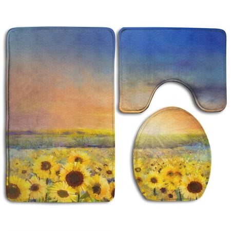CHAPLLE Sunflower Flower Blossom Oil Painting Rural Sunset Golden Sunflower Field 3 Piece Bathroom Rugs Set Bath Rug Contour Mat and Toilet Lid Cover