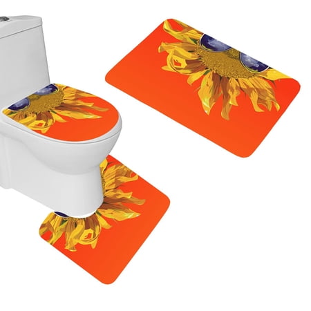 CHAPLLE Sunflower Glasses Flower 3 Piece Bathroom Rugs Set Bath Rug Contour Mat and Toilet Lid Cover