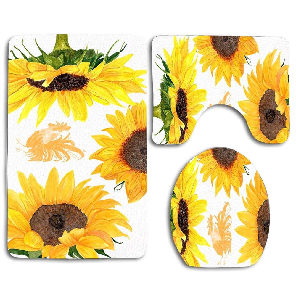 CHAPLLE Sunflower Watercolor Clipart Funny Hook 3 Piece Bathroom Rugs Set Bath Rug Contour Mat ...