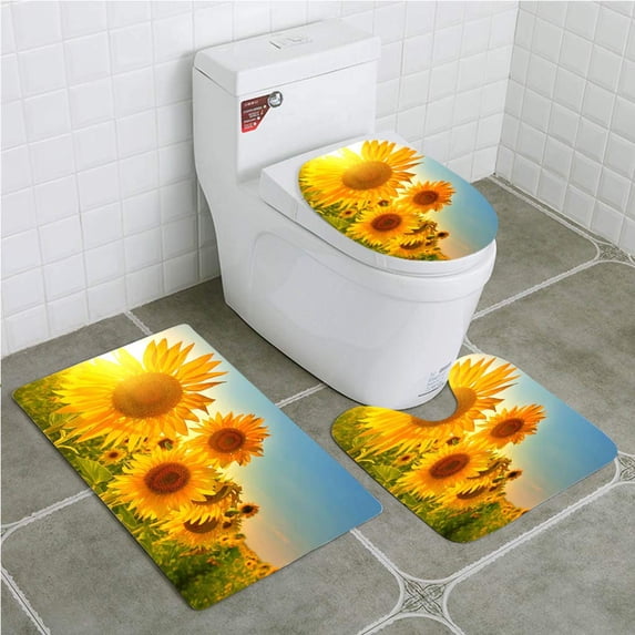 CHAPLLE Sunflowers 3 Piece Bathroom Rugs Set Bath Rug Contour Mat and Toilet Lid Cover