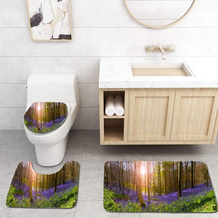 CHAPLLE Sunlight illuminates Peaceful Bluebell Woods 3 Piece Bathroom Rugs Set Bath Rug Contour Mat and Toilet Lid Cover