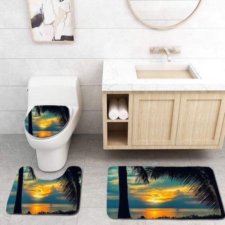 CHAPLLE Sunrise Over Ocean in Bali Indonesia 3 Piece Bathroom Rugs Set Bath Rug Contour Mat and Toilet Lid Cover
