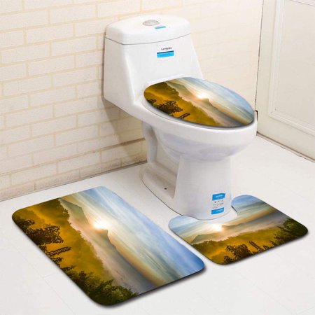 CHAPLLE Sunrise Over a Mountain 3 Piece Bathroom Rugs Set Bath Rug Contour Mat and Toilet Lid Cover
