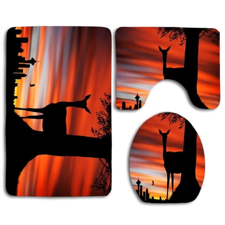 CHAPLLE Sunset Deer Silhouette 3 Piece Bathroom Rugs Set Bath Rug Contour Mat and Toilet Lid Cover