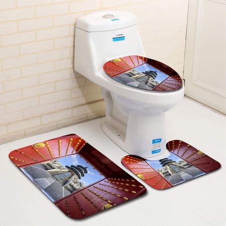 CHAPLLE Temple Heaven 3 Piece Bathroom Rugs Set Bath Rug Contour Mat and Toilet Lid Cover