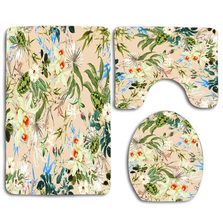 CHAPLLE Textile Fabric Tropical 3 Piece Bathroom Rugs Set Bath Rug Contour Mat and Toilet Lid Cover