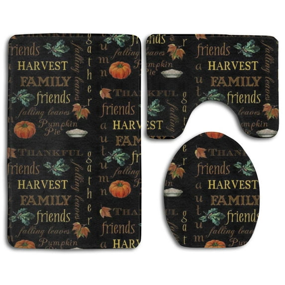 CHAPLLE Thanksgiving Harvest Text 3 Piece Bathroom Rugs Set Bath Rug Contour Mat and Toilet Lid Cover