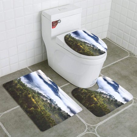CHAPLLE The magical beauty pine forests on hill hidden in fog and cloud in 3 Piece Bathroom Rugs Set Bath Rug Contour Mat and Toilet Lid Cover