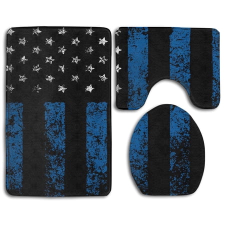 CHAPLLE Thin Blue Line American Flag 3 Piece Bathroom Rugs Set Bath Rug Contour Mat and Toilet Lid Cover