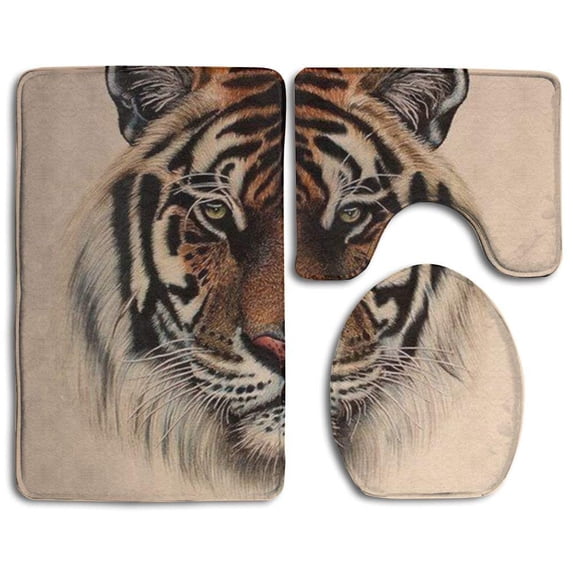 CHAPLLE Tiger 3 Piece Bathroom Rugs Set Bath Rug Contour Mat and Toilet Lid Cover