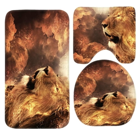 CHAPLLE Toilet Set Lion in Fire 3 Piece Bathroom Rugs Set Bath Rug Contour Mat and Toilet Lid Cover