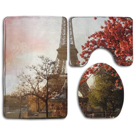 CHAPLLE Tower and Flowers 3 Piece Bathroom Rugs Set Bath Rug Contour Mat and Toilet Lid Cover