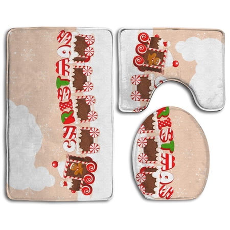 CHAPLLE Train Gingerbread Cream 3 Piece Bathroom Rugs Set Bath Rug Contour Mat and Toilet Lid Cover