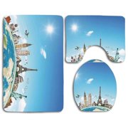 CHAPLLE Travel Famous Monuments Pisa Taj Mahal Giza Pyramids Paris Landmarks Ivory 3 Piece Bathroom Rugs Set Bath Rug Contour Mat and Toilet Lid Cover