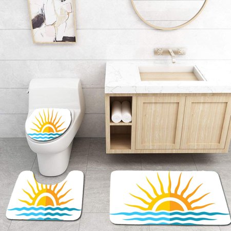 CHAPLLE Travel Symbol Sun sea Waves 3 Piece Bathroom Rugs Set Bath Rug Contour Mat and Toilet Lid Cover
